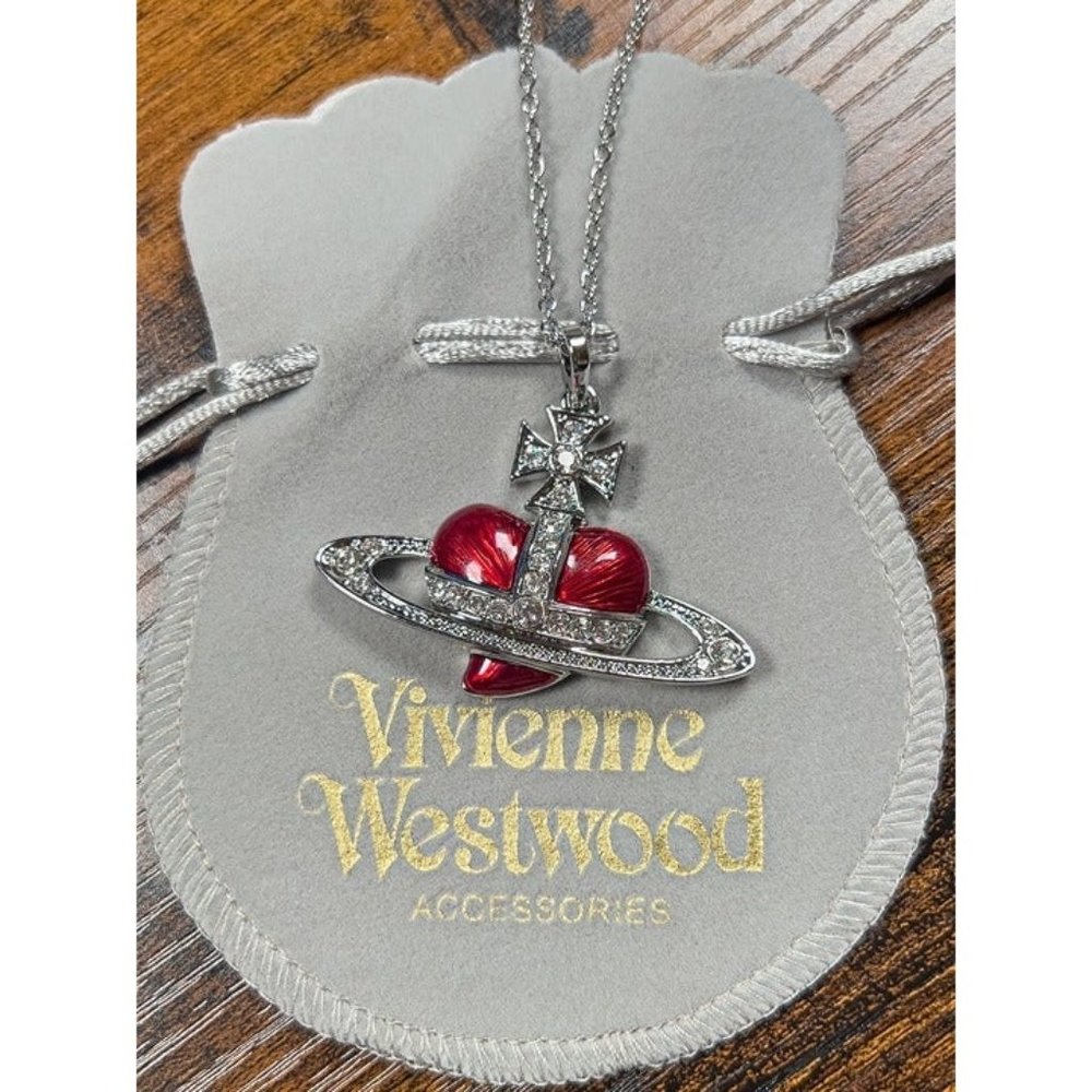 Vivienne Westwood Red Enamel Heart Orb Necklace with Silver Crystal Accents